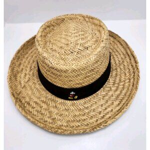 Walt‎ Disney World Flat Brim Hat Natural Straw w/Black Ribbon 8 1/4" Adult Size